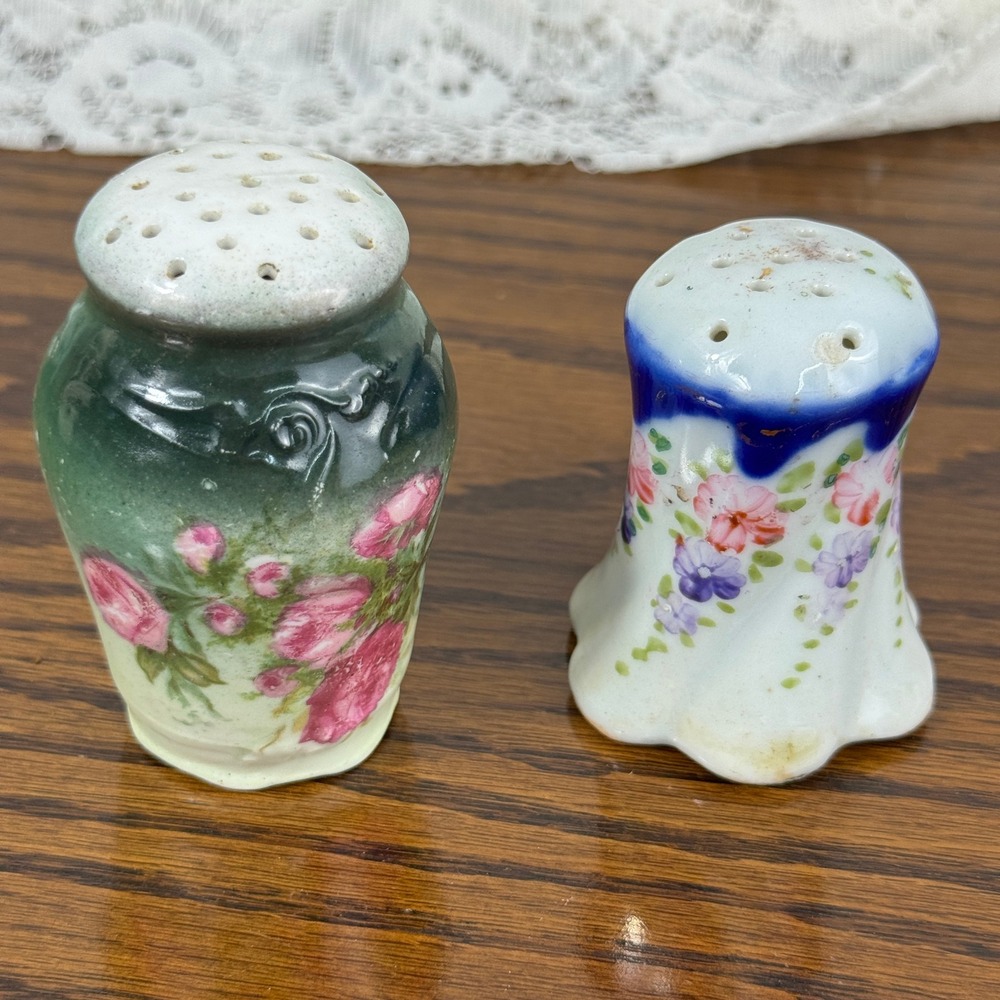 Vintage Mismatched Hand Painted Porcelain Floral Salt and Pepper Shakers Set